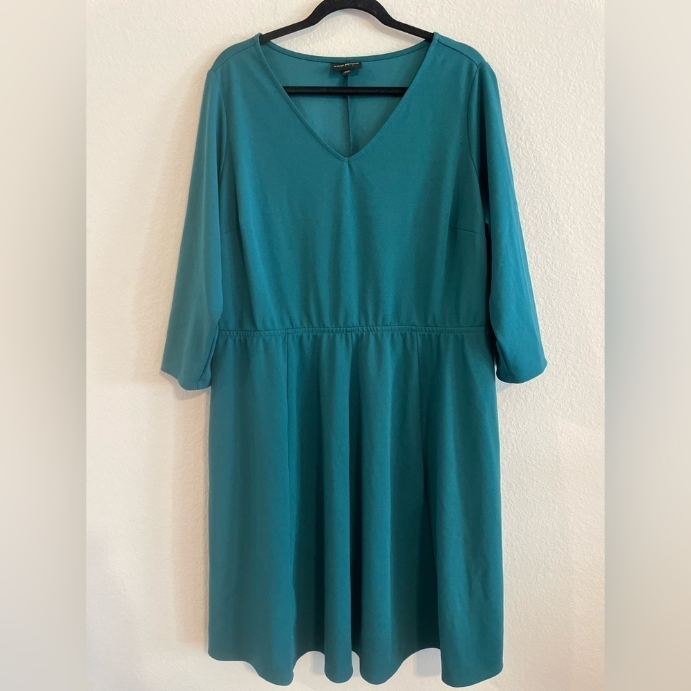 Lane Bryant Women’s Midi Dress Size 20 Green Ruched Waist 3/4 Sleeve Pull Over
